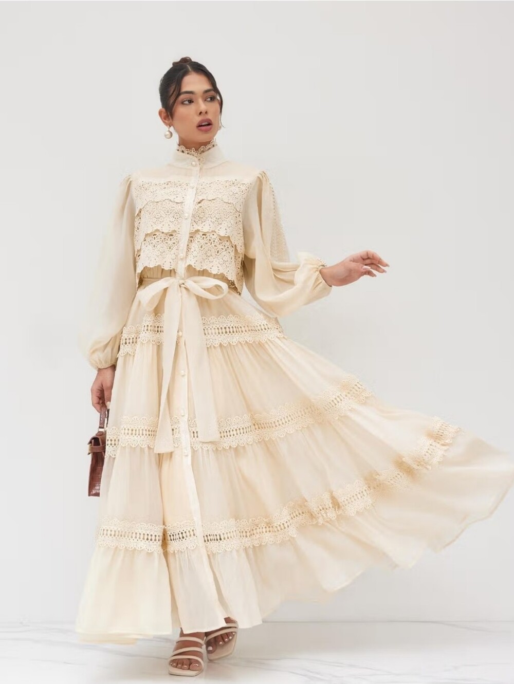 Cider Ivory Pearl Button High Neck Gaipure Lace Maxi Dress XL
